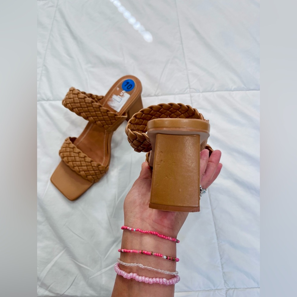 Womens Tan Braided Strappy Square Open Toe Slip On Chunky Heeled Sandals Size 10 - Picture 9 of 12